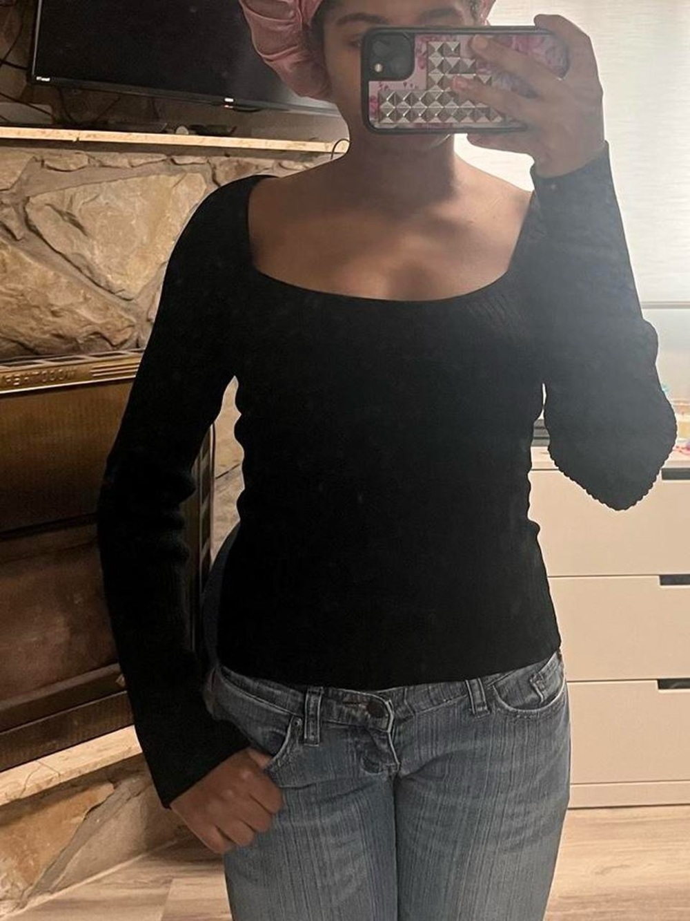 Black Square Neck Ribbed Sweater